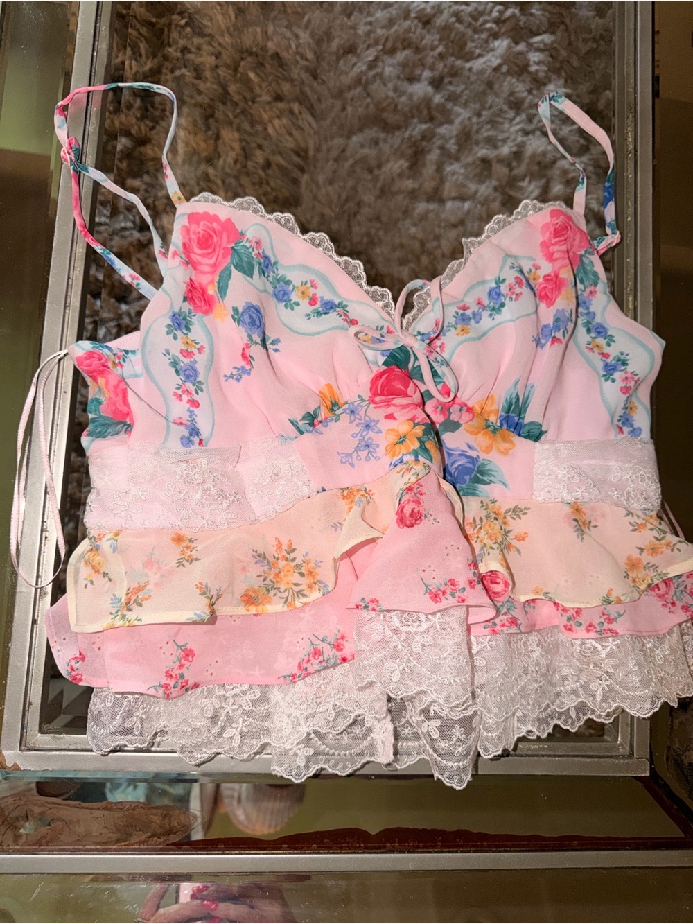 Altar'd State Pastel Pink Floral Lace-Trim Camisole